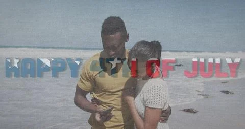 Image of text independence day over african american couple taking photo at Ilustração Stock