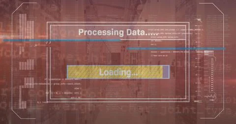 Image of text, loading bars and computer language over data server room Foto stock