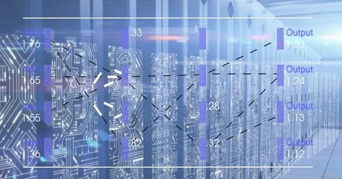 Image of text, numbers and data processing over computer servers 스톡 사진