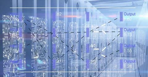 Image of text, numbers and data processing over computer servers Stock Photos