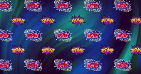 Image of text pow and wow in red and orange, repeated and moving on blue an.. Foto stock