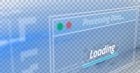 Image of text processing data and loading, with time bar on computer interface Illustrazione stock