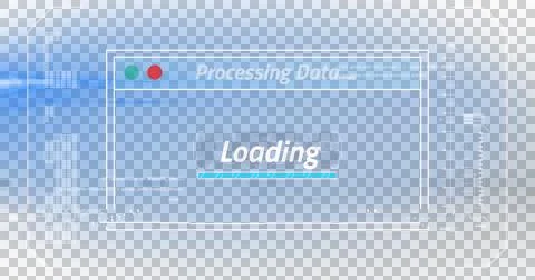 Image of text processing data and loading, with time bar on blue computer Illustrazione stock