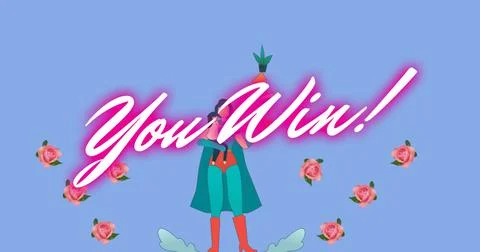 Image of text you win, and roses over woman in superhero outfit with child and b Ilustração Stock