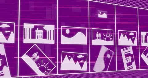 Image of texts and pictures in rectangle with falling binary codes over purple Stock Illustration