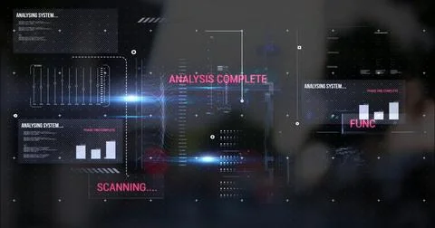 Image of texts, graphs, lines, loading bars and computer language over mode.. 스톡 사진