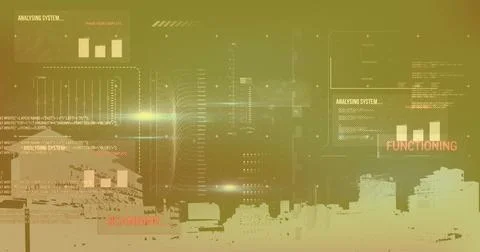 Image of texts, graphs, loading bars, moving lines, modern buildings against Stock Photos