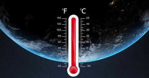 Image of thermometer and data processing and globe over black background Stock Photos
