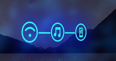 Image of three digital icons floating over landscape Stock Illustration