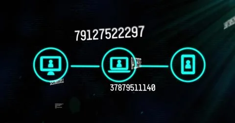 Image of three digital interface icons, data processing and numbers changing Stock Illustration