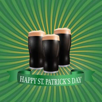Image of three glasses of dark beer. Greeting inscription Happy Patrick Day.. Stock Illustration