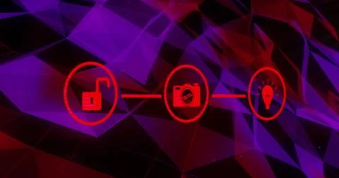 Image of three glowing red digital icons over network of connections Stockfoto's
