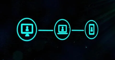 Image of three green digital computer interface icons on glowing green Illustrazione stock
