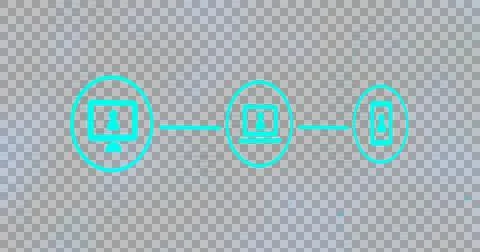Image of three green digital icons with computer interface on glowing blue Illustrazione stock