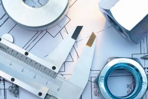 Image of three screw-threads and architect ruler over document Stock Photos