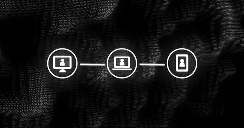 Image of three white digital computer interface icons on mesh black background Illustrazione stock