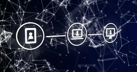 Image of three white digital computer interface icons with plexus structure on Illustrazione stock
