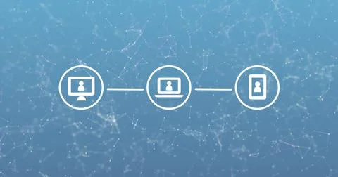 Image of three white digital computer interface icons with plexus structure on Illustrazione stock