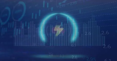 Image of thunder icon in circle over multiple graphs and trading board on Stock Photos