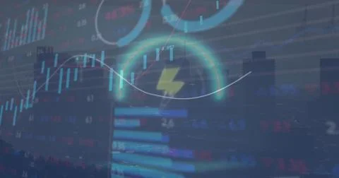 Image of thunder icon in circles and multiple graphs and loading circles over 스톡 사진
