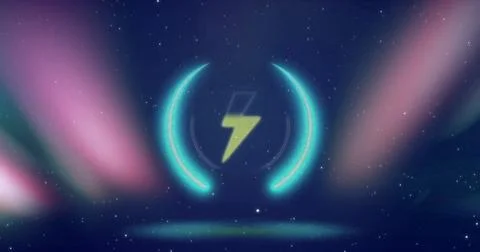 Image of thunder icon over light trails and stars Stock Photos