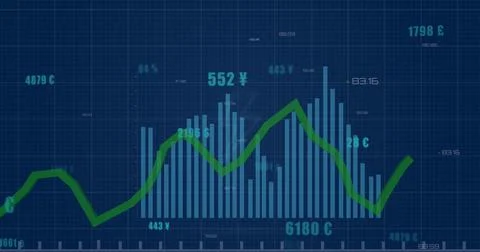 Image of thunderbolt icon over statistical data processing against blue 스톡 사진