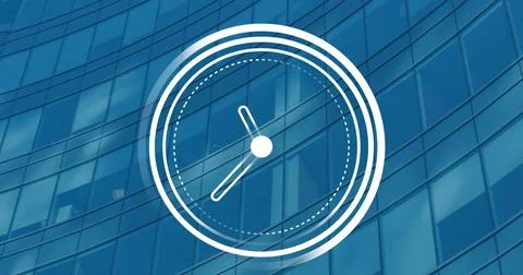 Image of ticking clock icon against view of tall building Stock Illustration