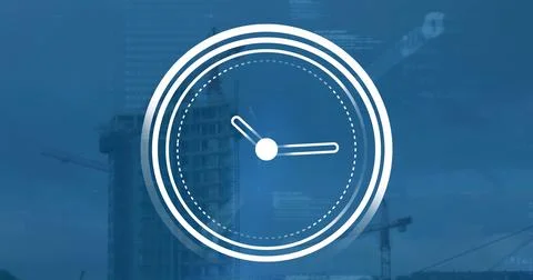 Image of ticking clock icon and data processing against aerial view of 库存插图