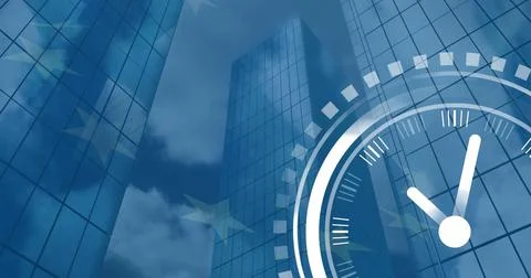Image of ticking clock icon over low angle of tall buildings against waving eu Ilustración de archivo