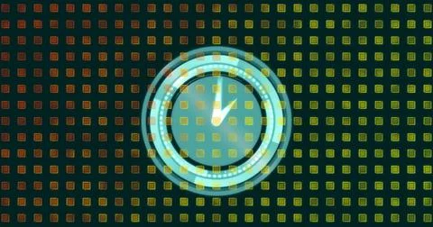 Image of ticking clock over abstract shapes in seamless pattern against black Stock Photos