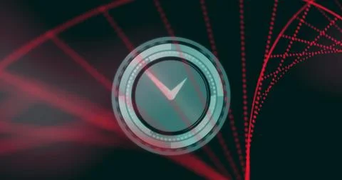 Image of ticking clock over spinning dna structure against black background 스톡 사진