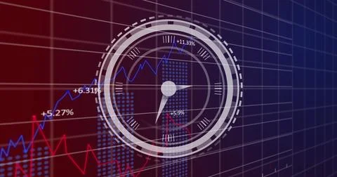 Image of ticking clock over statistical data processing against purple gradient 스톡 일러스트