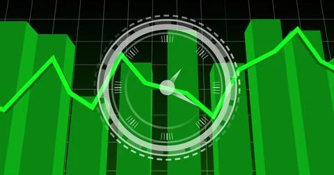 Image of ticking clock over statistical data processing against black background Stock Illustration