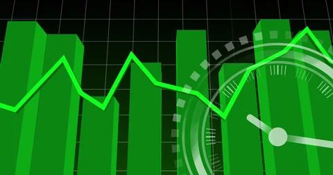 Image of ticking clock over statistical data processing against black background Stock Illustration