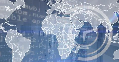 Image of ticking clock, world map and data processing against empty computer Stock Photos