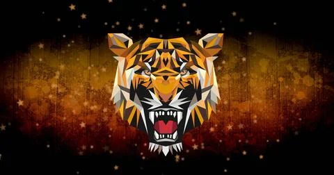 Image of tiger head with open mouth over old map on dark background Stock Illustration