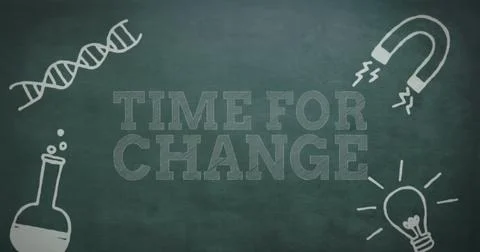 Image of time for change text banner and science concept icons against grey Stock Photos