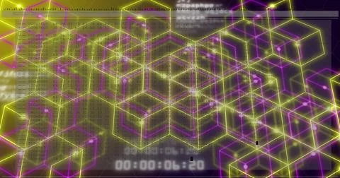 Image of timer, changing numbers and moving dots over glowing hexagons on black Foto stock