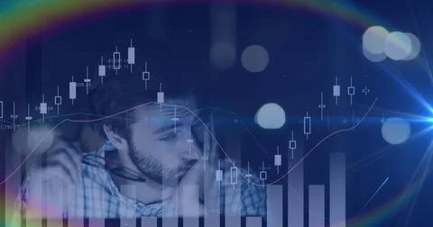 Image of tired man using computer, statistics recording and financial data Stock Photos