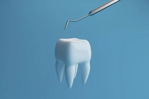 Image of a tooth on a blue background with a dentist tool. 3D rendering Stock Photos