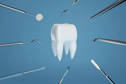Image of a tooth on a blue background with a dentist's tools. 3D rendering. Stock Illustration