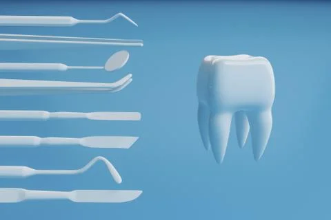 Image of a tooth on a blue background with a dentist's tools. 3D rendering. Stock Photos