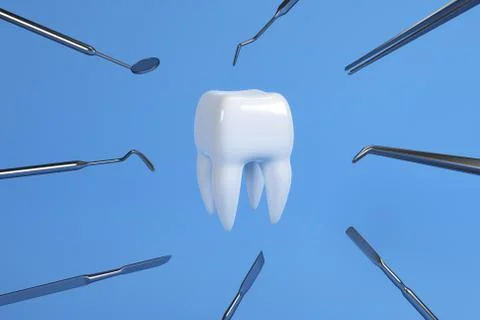 Image of a tooth on a blue background with a dentist's tools. 3D rendering. Stock Photos