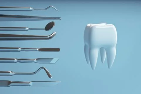 Image of a tooth on a blue background with a dentist's tools. 3D rendering. Stock Photos