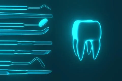 Image of a tooth on a blue background with a dentist's tools. 3D rendering. Stock Photos