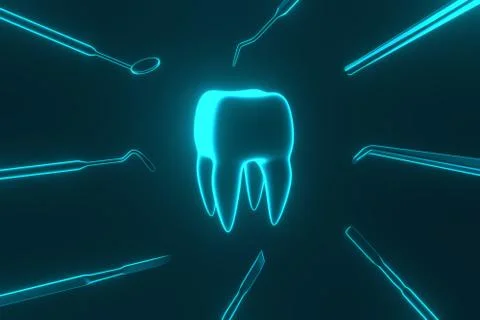 Image of a tooth on a blue background with a dentist's tools. 3D rendering. Stock Photos