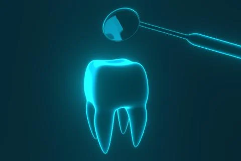 Image of a tooth on a blue background with a dentist's tools. 3D rendering. Stock Photos