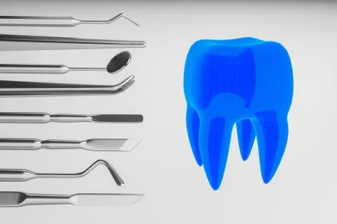 Image of a tooth on a white background with a dentist's tools. 3D rendering. Stock Photos