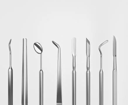 Image of a tooth on a white background with a dentist's tools. 3D rendering. Stock Photos