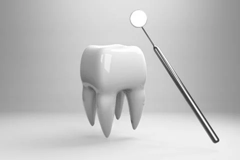 Image of a tooth on a white background with a dentist's tools. 3D rendering Stock Photos